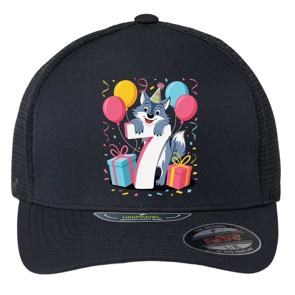 Wolf 7th Birthday Girl 7 Years Old Seventh Seven Wolf Flexfit Unipanel Trucker Cap
