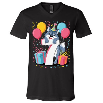Wolf 7th Birthday Girl 7 Years Old Seventh Seven Wolf V-Neck T-Shirt