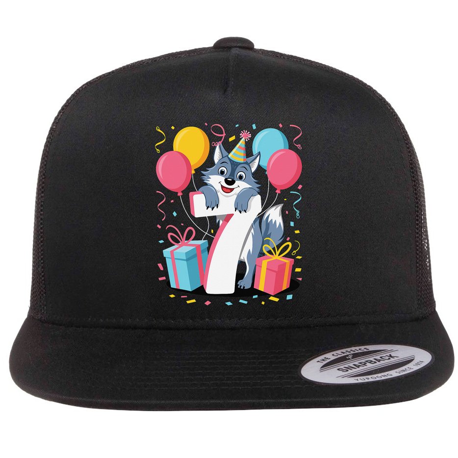 Wolf 7th Birthday Girl 7 Years Old Seventh Seven Wolf Flat Bill Trucker Hat