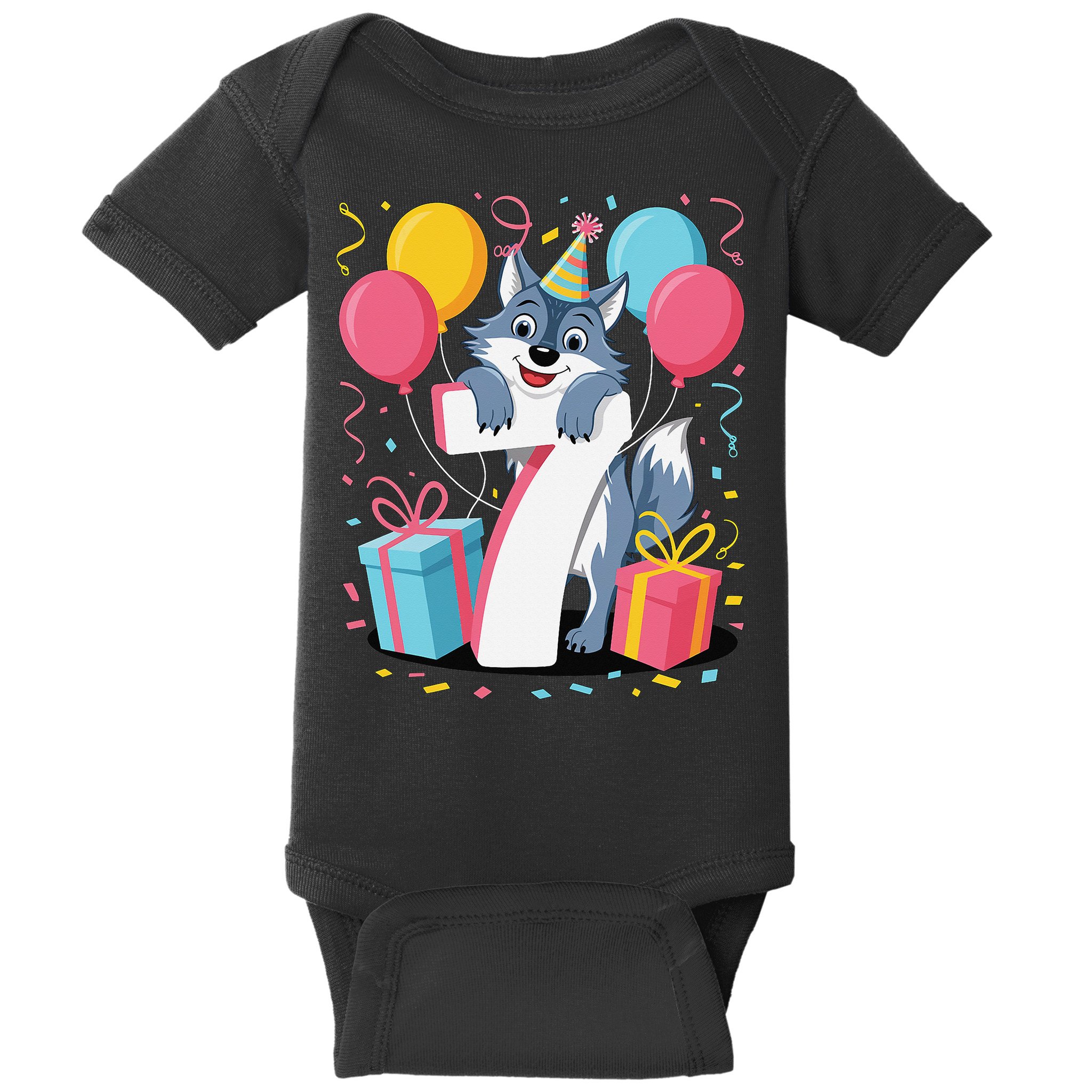 Wolf 7th Birthday Girl 7 Years Old Seventh Seven Wolf Baby Bodysuit