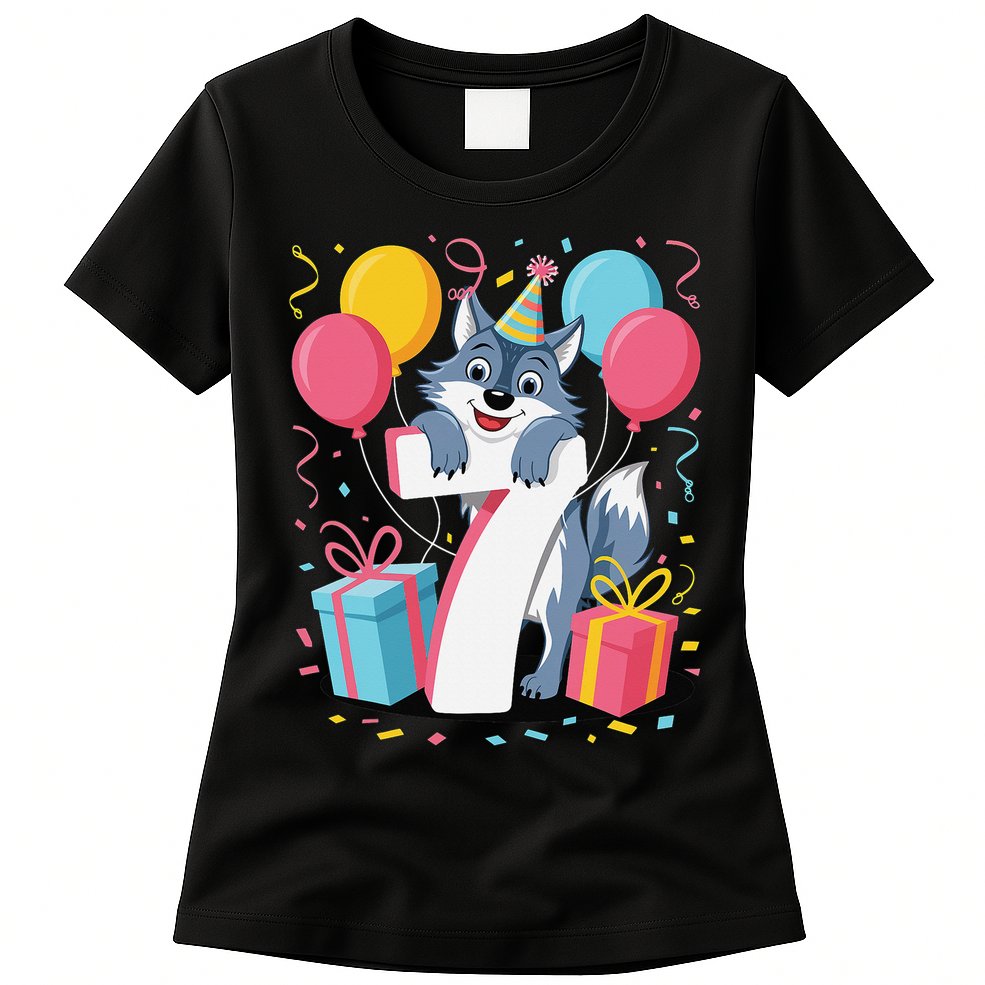 Wolf 7th Birthday Girl 7 Years Old Seventh Seven Wolf Womens T-Shirt