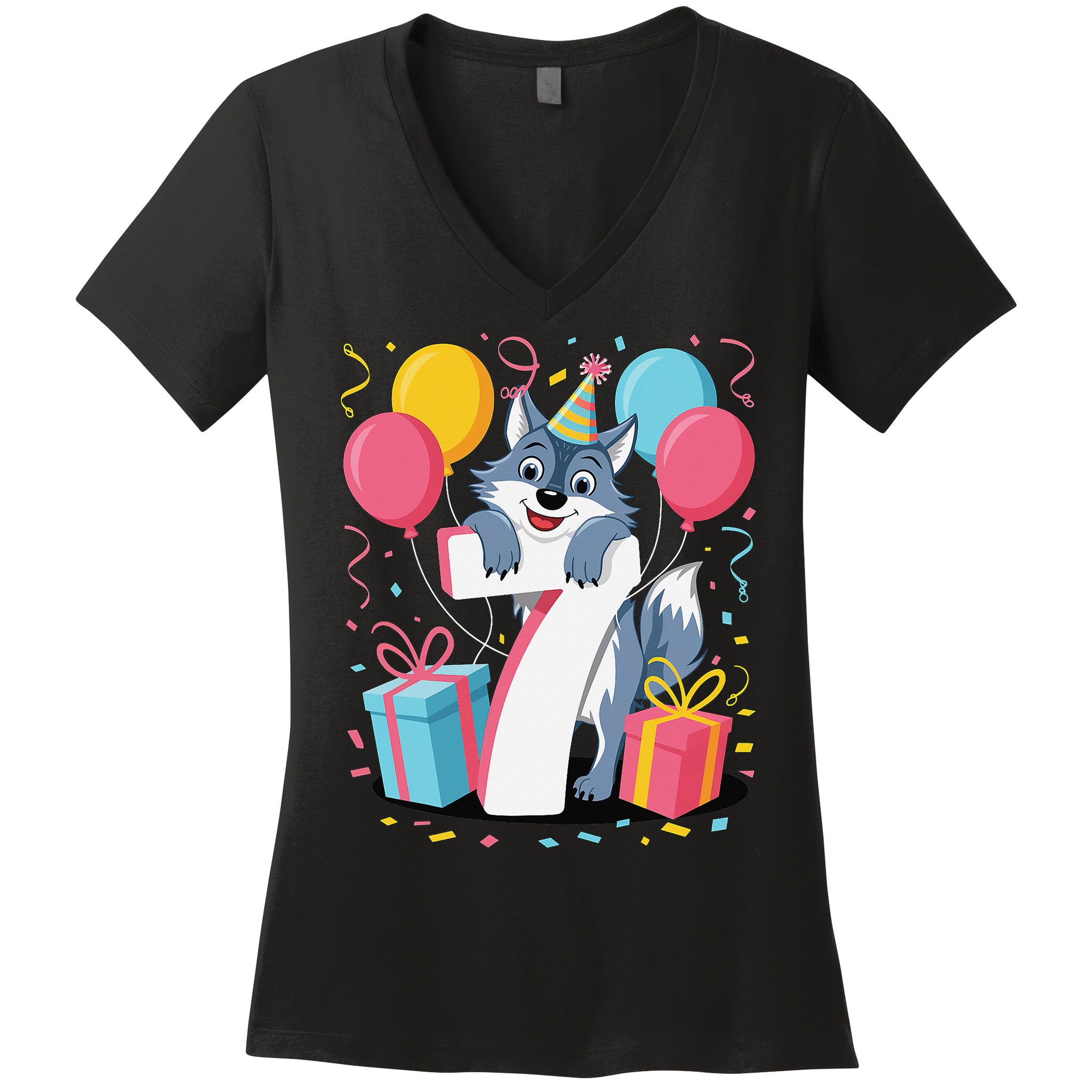 Wolf 7th Birthday Girl 7 Years Old Seventh Seven Wolf Women's V-Neck T-Shirt