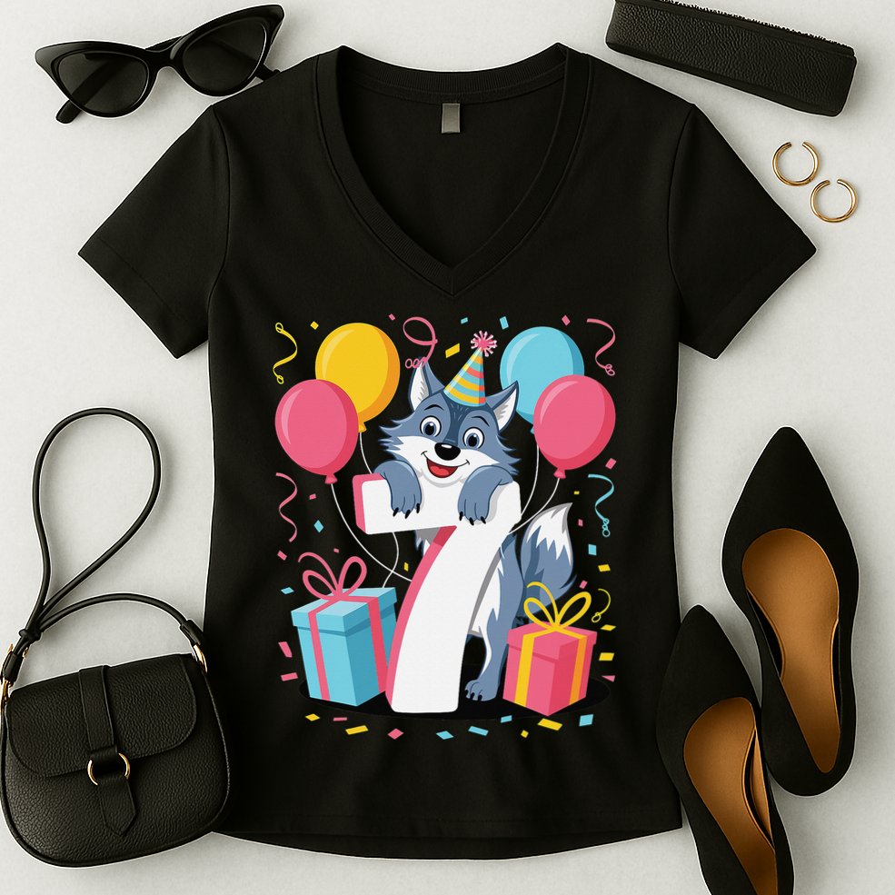 Wolf 7th Birthday Girl 7 Years Old Seventh Seven Wolf Women's V-Neck T-Shirt