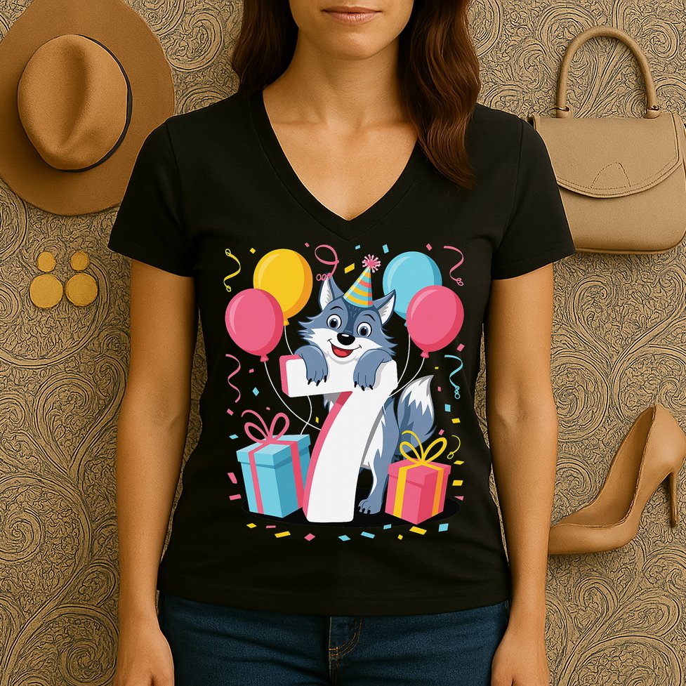 Wolf 7th Birthday Girl 7 Years Old Seventh Seven Wolf Women's V-Neck T-Shirt