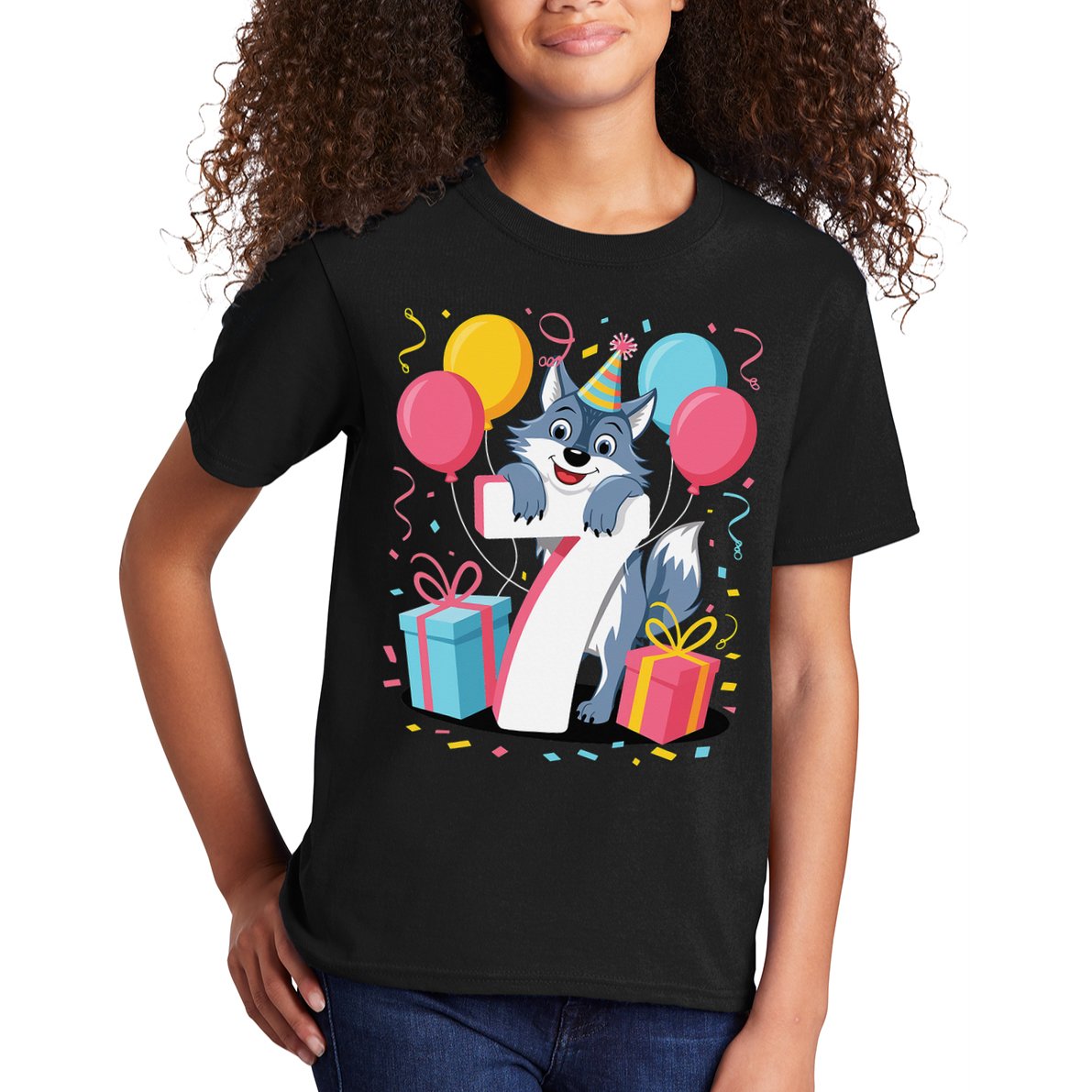 Wolf 7th Birthday Girl 7 Years Old Seventh Seven Wolf Kids T-Shirt