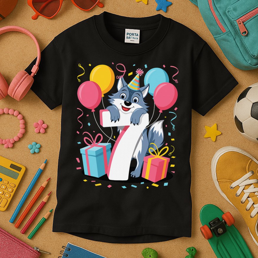 Wolf 7th Birthday Girl 7 Years Old Seventh Seven Wolf Kids T-Shirt