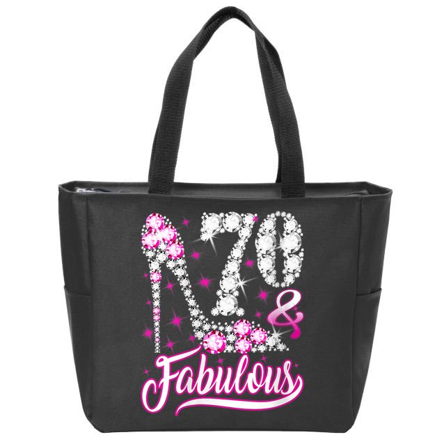 WoM.e.ns 70 Years Old Gifts 70 & Fabulous 70th Birthday Pink Diamond V-Neck Zip Tote Bag