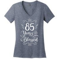 Wo 85th Birthday Present 85 Years Blessed Religious Jesus God Christian Women's V-Neck T-Shirt