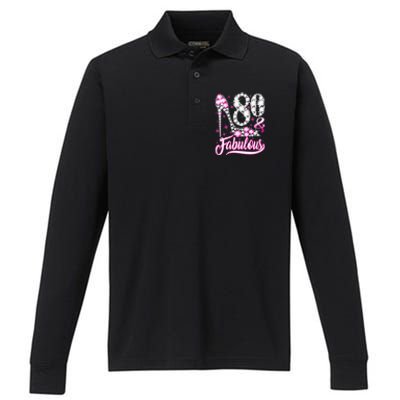 Wom.e.ns 80 Years Old Gifts 80 & Fabulous 80th Birthday Pink Diamond V-Neck Performance Long Sleeve Polo