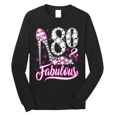 Wom.e.ns 80 Years Old Gifts 80 & Fabulous 80th Birthday Pink Diamond V-Neck Long Sleeve Shirt