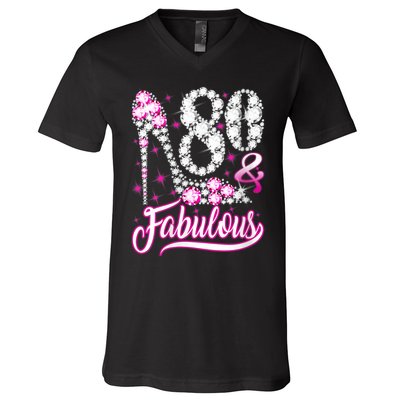 Wom.e.ns 80 Years Old Gifts 80 & Fabulous 80th Birthday Pink Diamond V-Neck V-Neck T-Shirt