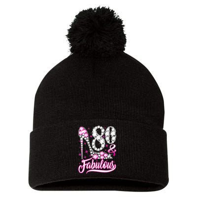 Wom.e.ns 80 Years Old Gifts 80 & Fabulous 80th Birthday Pink Diamond V-Neck Pom Pom 12in Knit Beanie