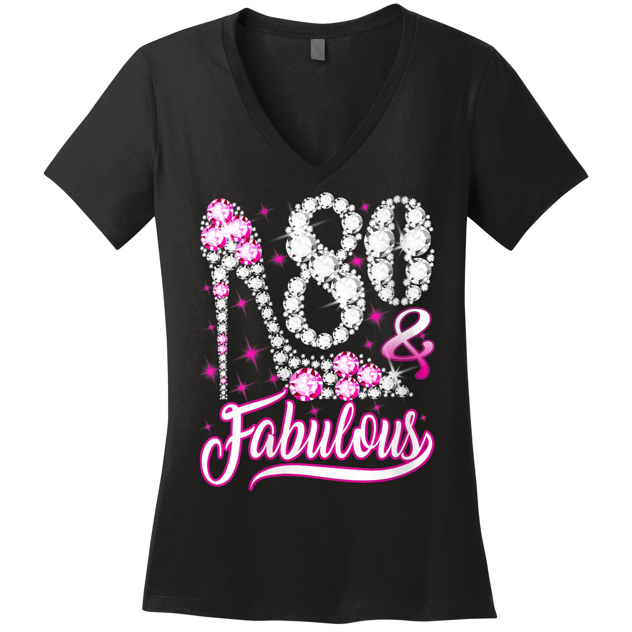 Wom.e.ns 80 Years Old Gifts 80 & Fabulous 80th Birthday Pink Diamond V-Neck Women's V-Neck T-Shirt