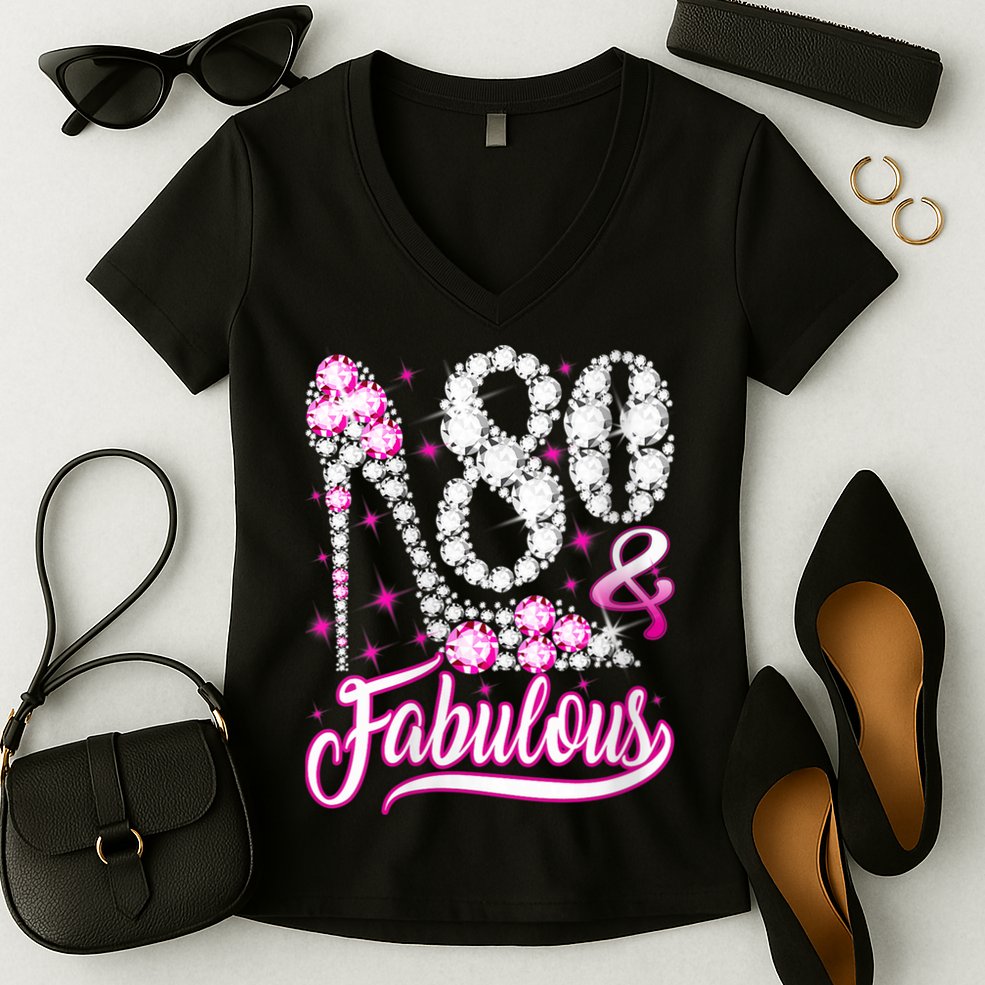 Wom.e.ns 80 Years Old Gifts 80 & Fabulous 80th Birthday Pink Diamond V-Neck Women's V-Neck T-Shirt