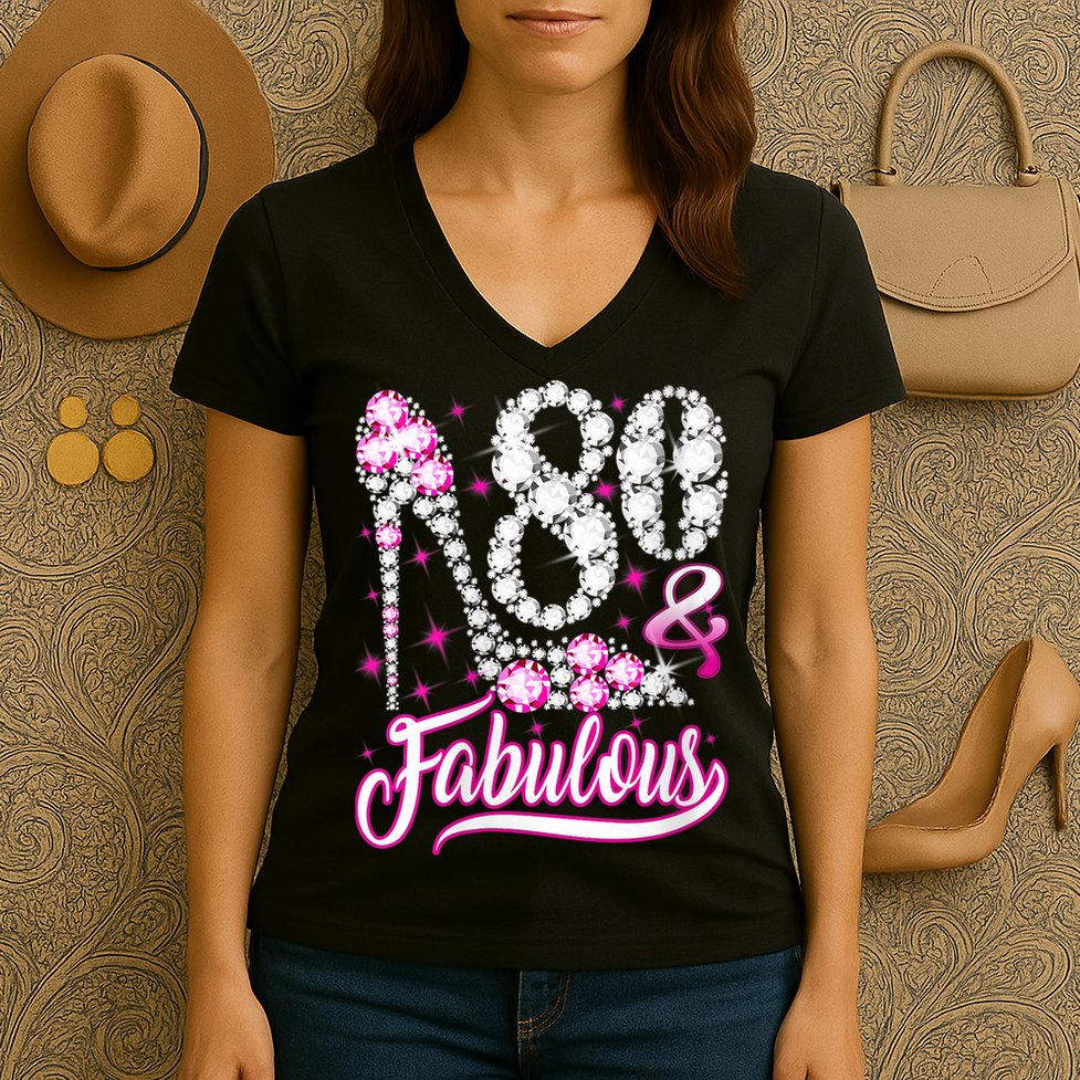 Wom.e.ns 80 Years Old Gifts 80 & Fabulous 80th Birthday Pink Diamond V-Neck Women's V-Neck T-Shirt