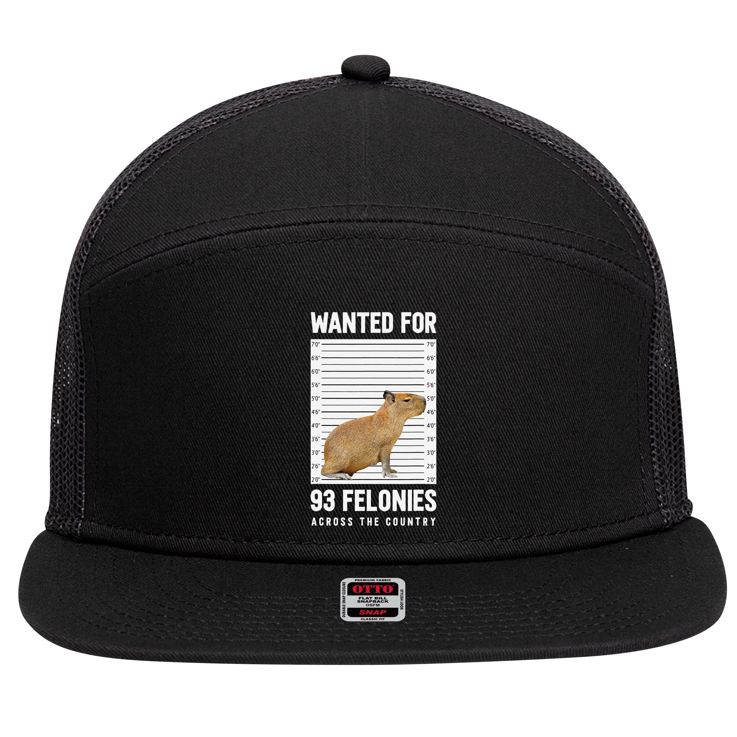 Wanted 93 Felonies Capybara Mugshots Rodent Owners 7 Panel Mesh Trucker Snapback Hat