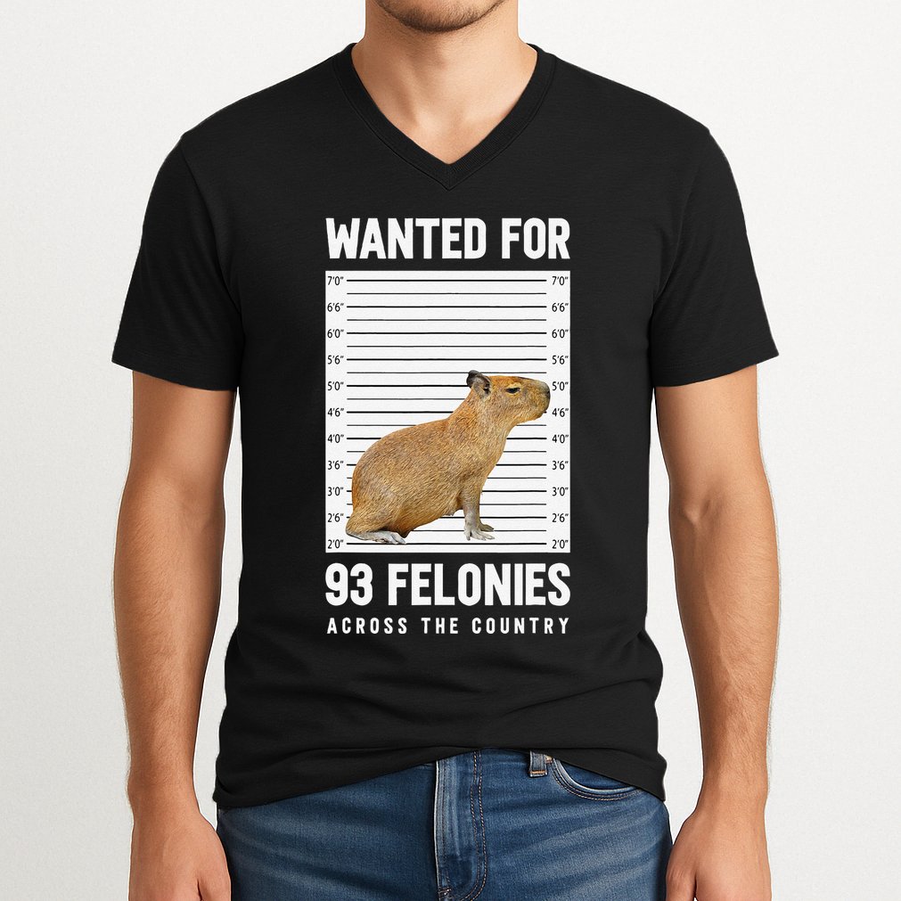 Wanted 93 Felonies Capybara Mugshots Rodent Owners V-Neck T-Shirt