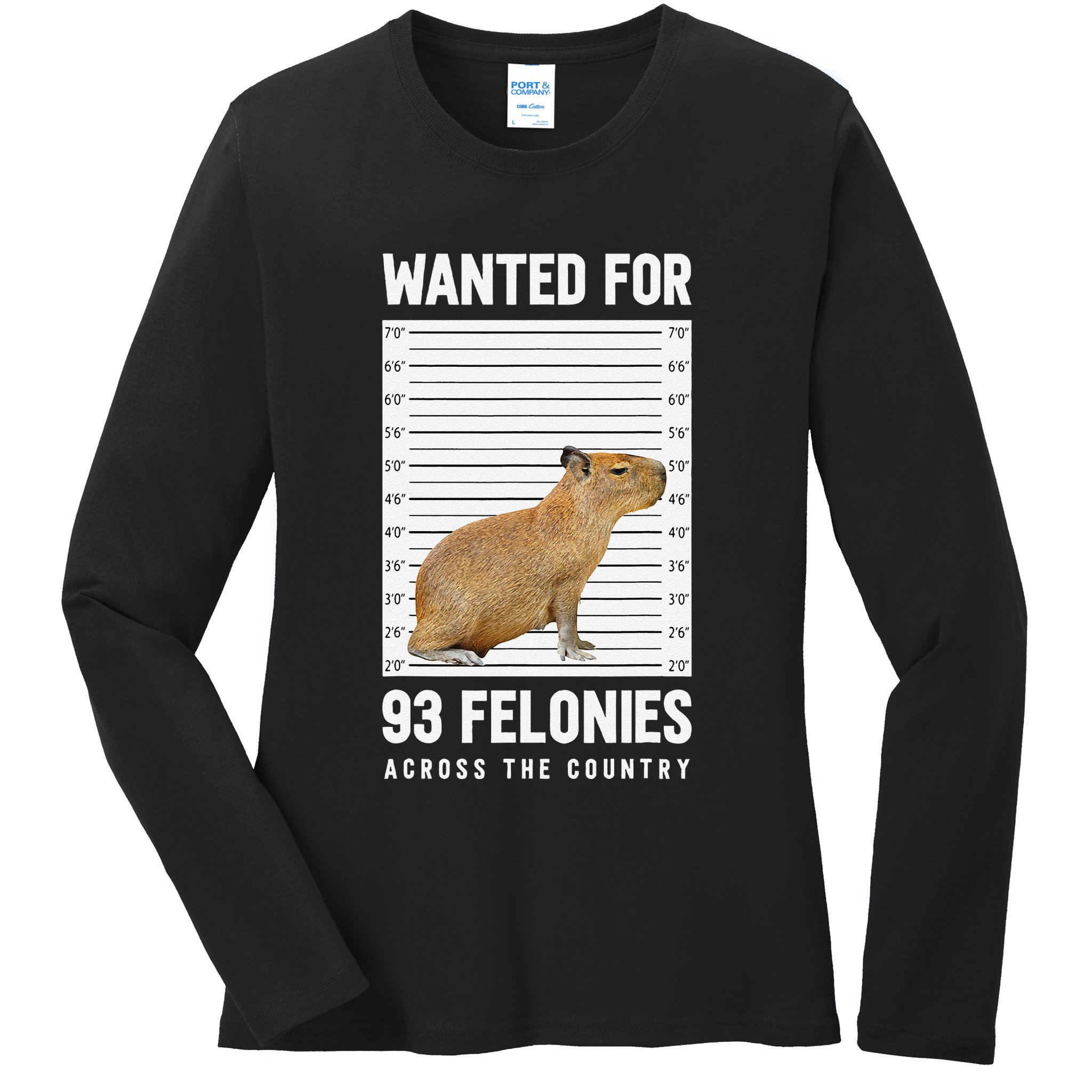 Wanted 93 Felonies Capybara Mugshots Rodent Owners Ladies Long Sleeve Shirt