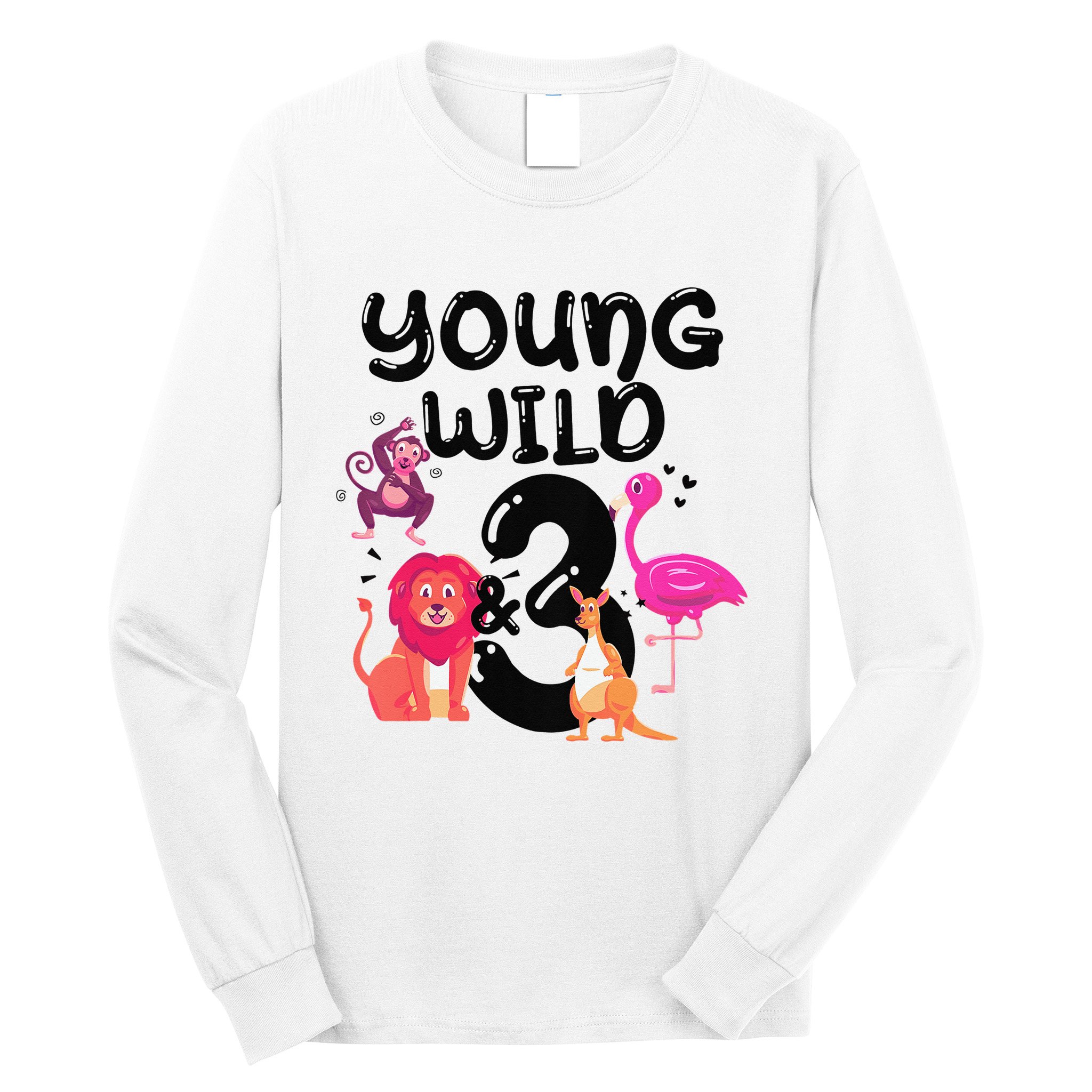 Wild And 3 3rd Birthday Safari Zoo Animal Jungle Cute Long Sleeve Shirt