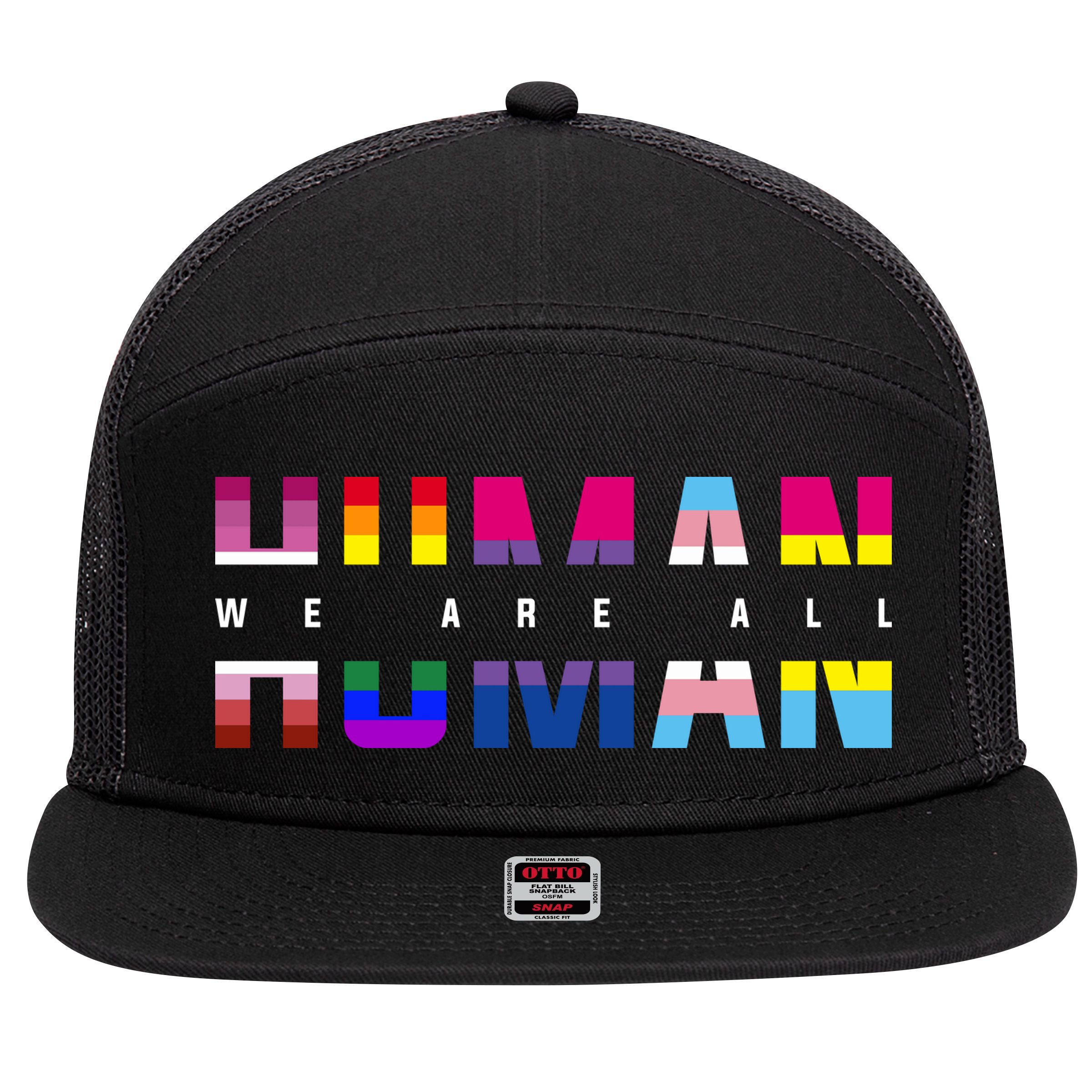 We Are All Human LGBT Pride 7 Panel Mesh Trucker Snapback Hat