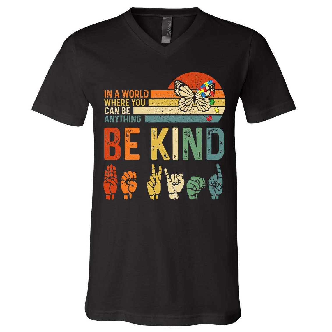 World Autism Awareness Day Hands Signs Autism Puzzle V-Neck T-Shirt