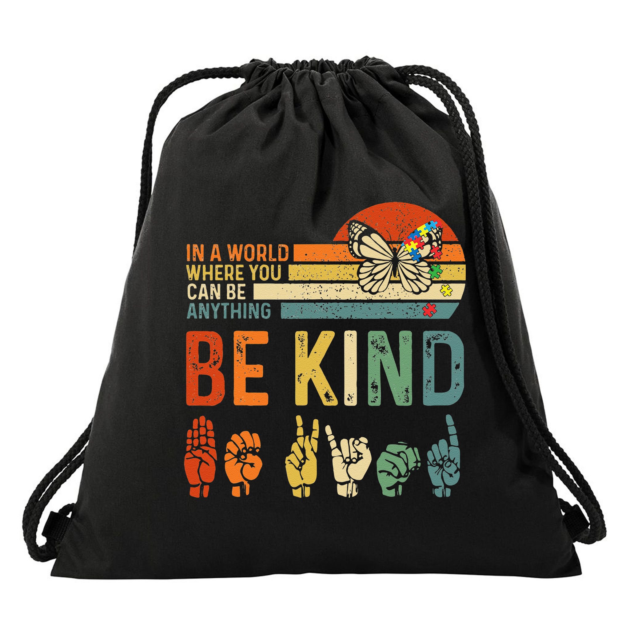 World Autism Awareness Day Hands Signs Autism Puzzle Drawstring Bag