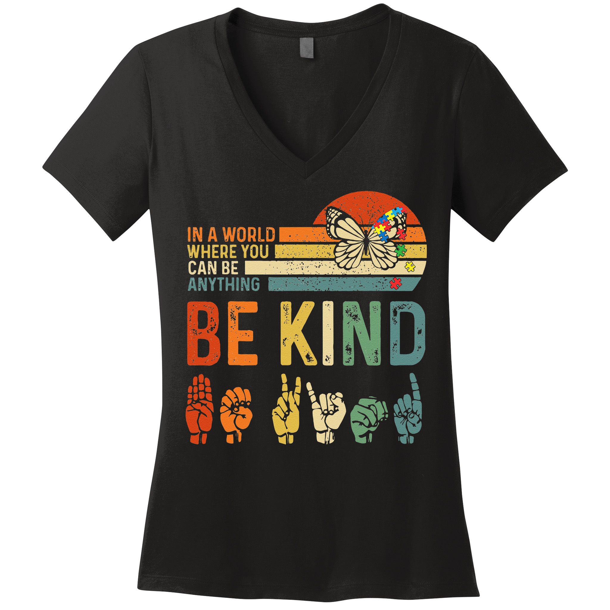 World Autism Awareness Day Hands Signs Autism Puzzle Women's V-Neck T-Shirt