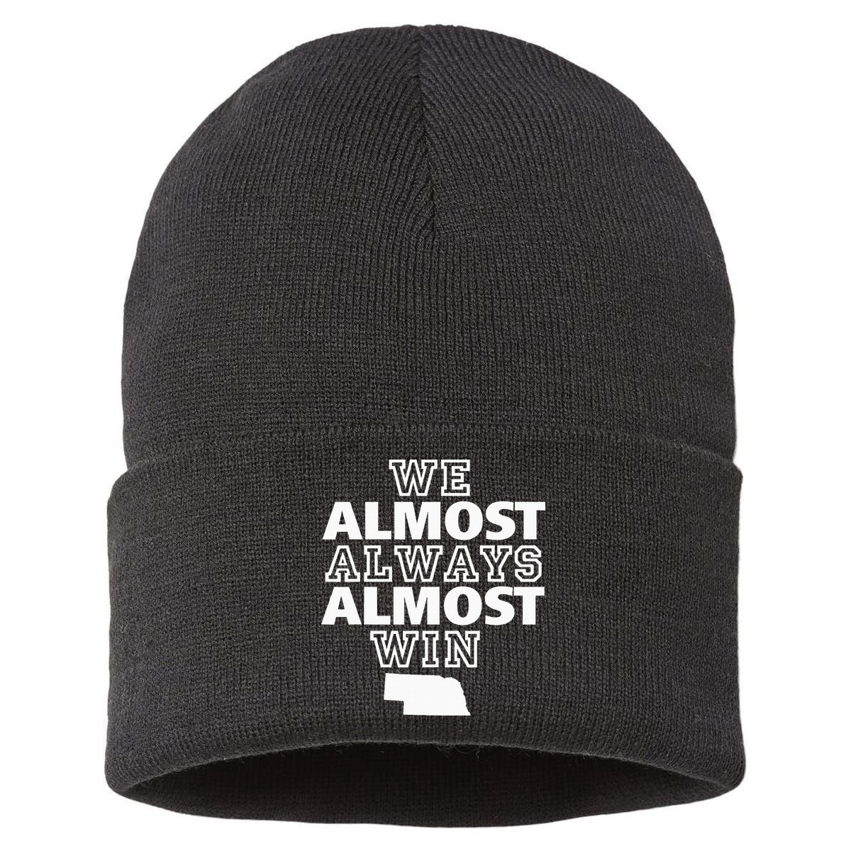 We Almost Always Almost Win Nebraska Map Funny Sustainable Knit Beanie