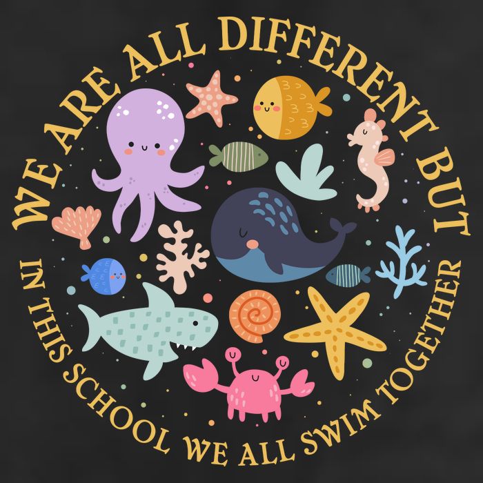 We Are All Different But In This School We All Swim Together Cool Comfort Performance Bucket Hat