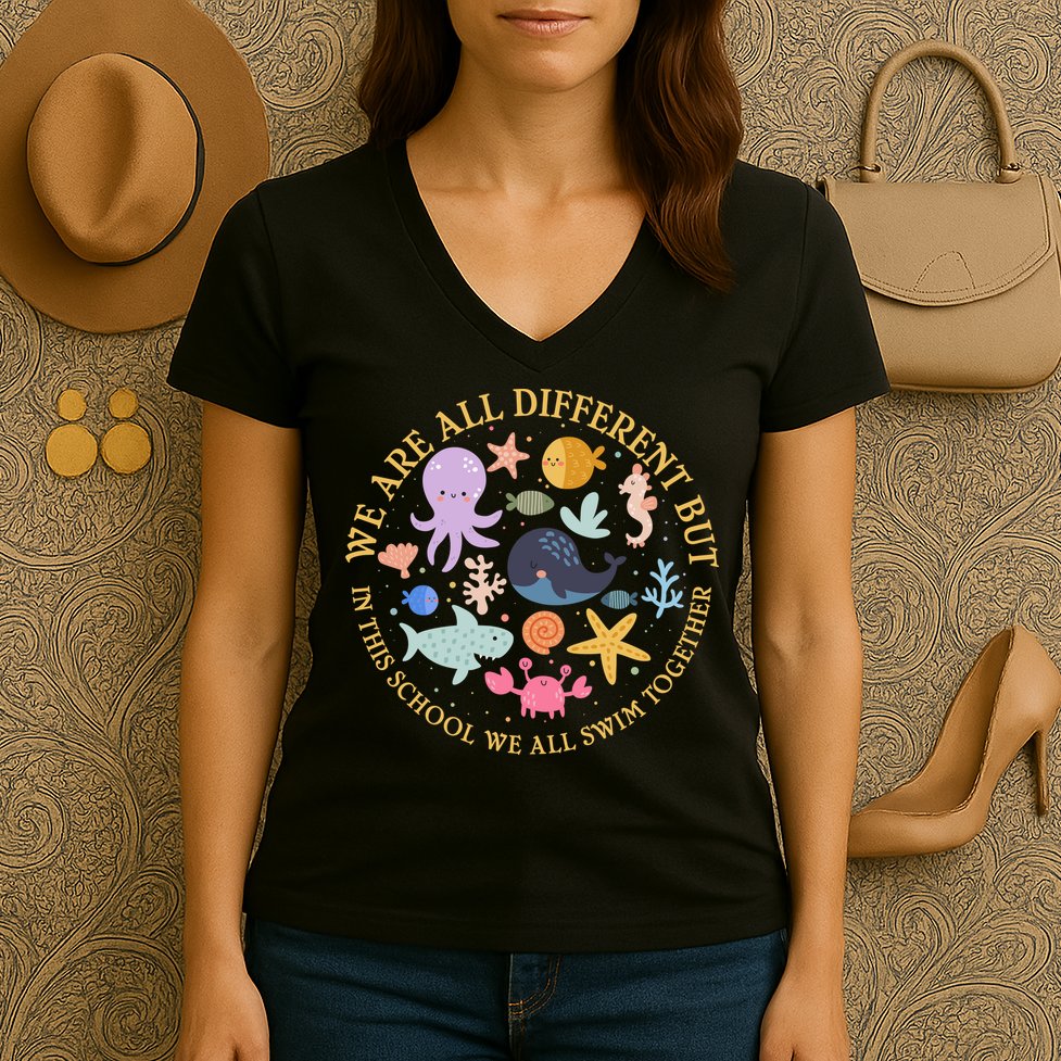 We Are All Different But In This School We All Swim Together Women's V-Neck T-Shirt