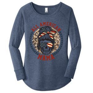 Wdr All American Mama Leopard Messy Bun Mom 4th Of July Gift Women's Perfect Tri Tunic Long Sleeve Shirt