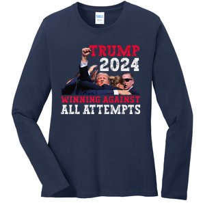 Winning Against All Attempts 47th President Trump Fist Pump Ladies Long Sleeve Shirt