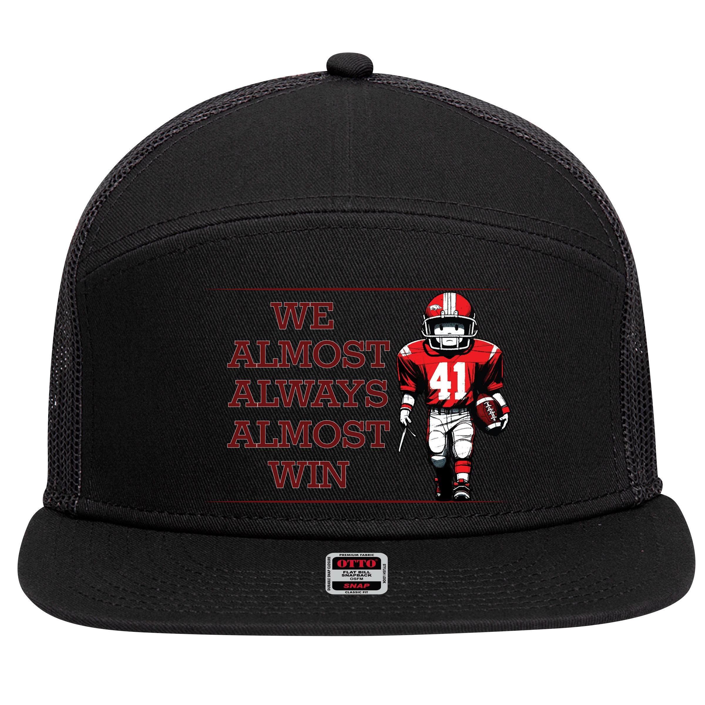 We Almost Always Almost Win Arkansas 7 Panel Mesh Trucker Snapback Hat