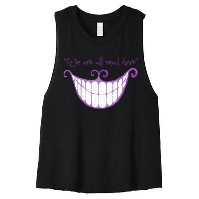 We Are All Mad Here Alice Cat Smile Halloween Costume Women's Racerback Cropped Tank