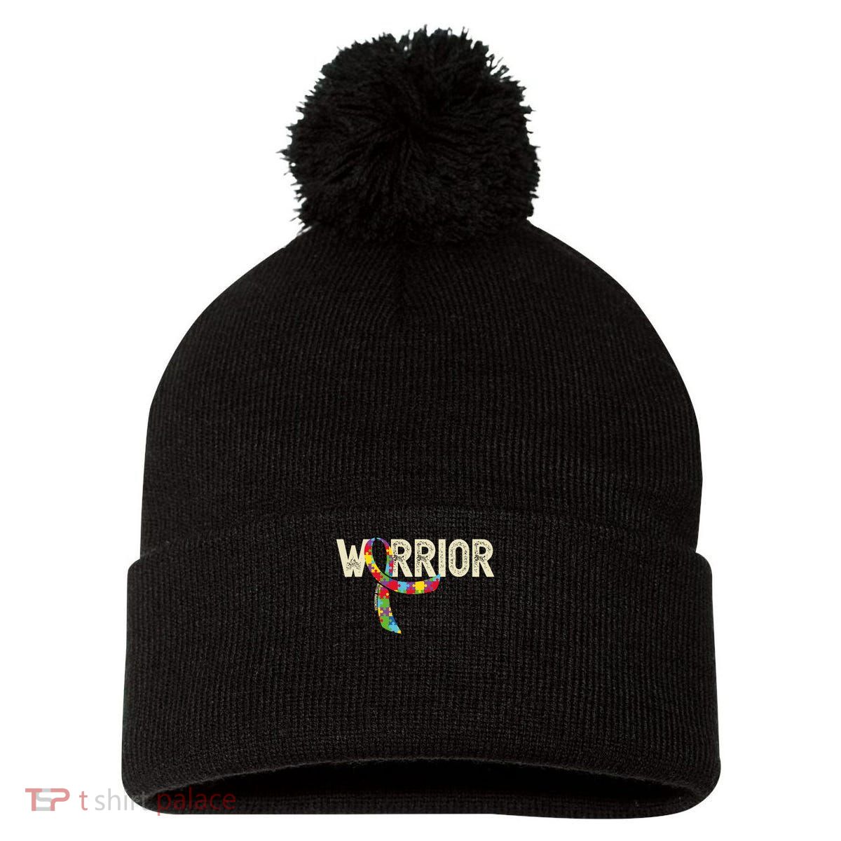 Warrior Autism Awareness Puzzle Ribbon Gift Pom Pom 12in Knit Beanie