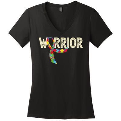 Warrior Autism Awareness Puzzle Ribbon Gift Women's V-Neck T-Shirt