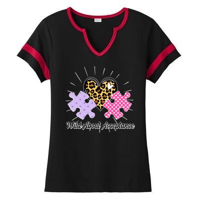 Wild About Acceptance Autism Awareness Puzzle Heart Ladies Halftime Notch Neck Tee