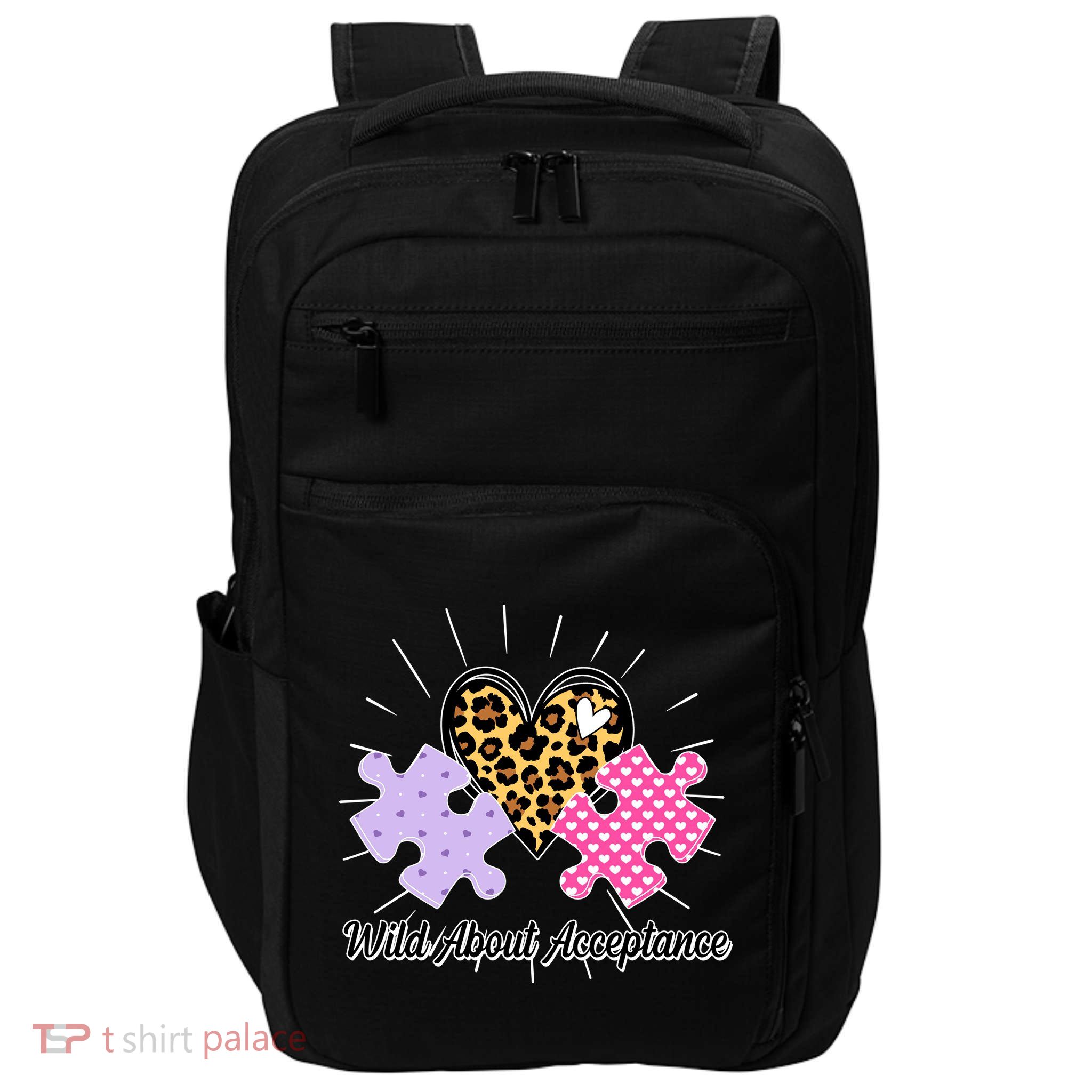 Wild About Acceptance Autism Awareness Puzzle Heart Impact Tech Backpack