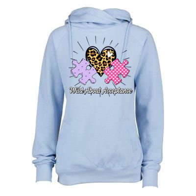 Wild About Acceptance Autism Awareness Puzzle Heart Womens Funnel Neck Pullover Hood