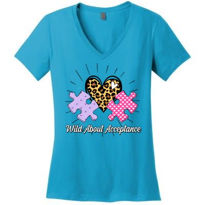 Wild About Acceptance Autism Awareness Puzzle Heart Women's V-Neck T-Shirt