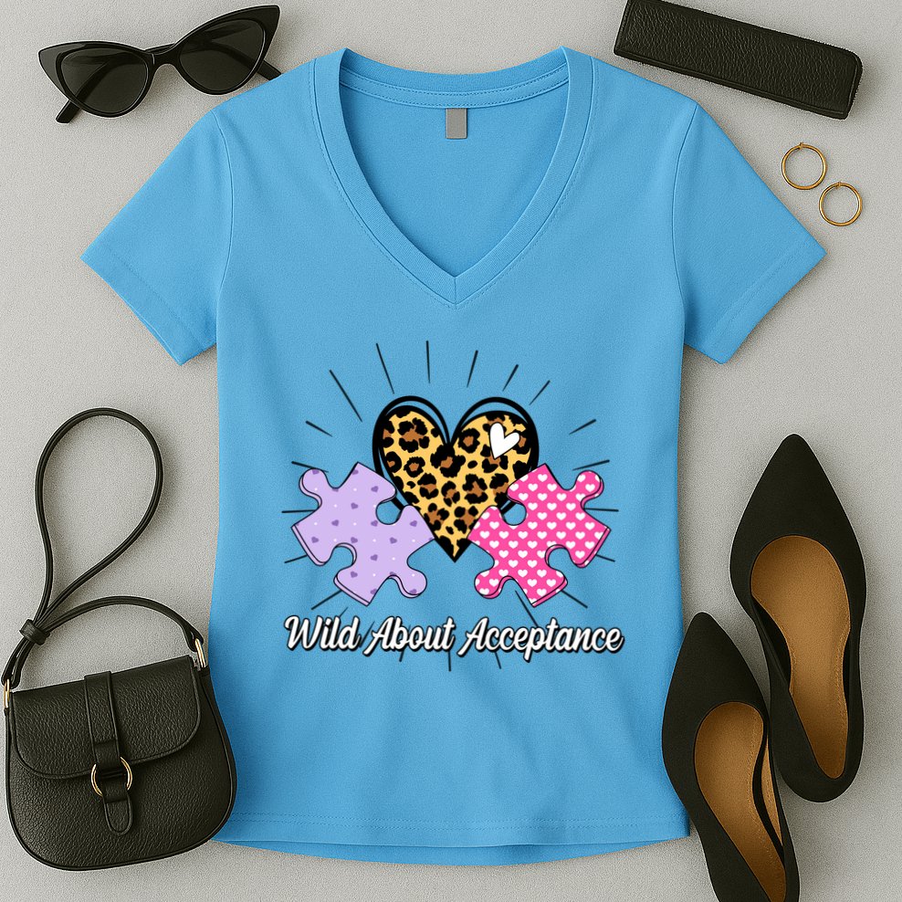 Wild About Acceptance Autism Awareness Puzzle Heart Women's V-Neck T-Shirt