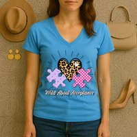 Wild About Acceptance Autism Awareness Puzzle Heart Women's V-Neck T-Shirt