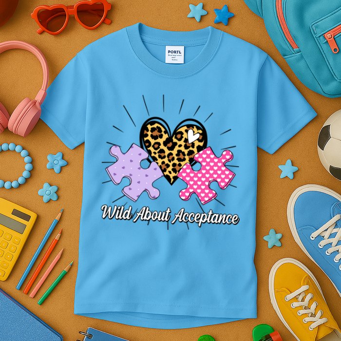 Wild About Acceptance Autism Awareness Puzzle Heart Kids T-Shirt