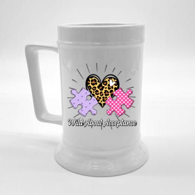 Wild About Acceptance Autism Awareness Puzzle Heart Beer Stein