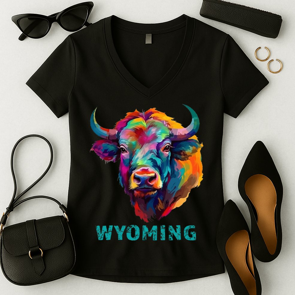 Wyoming American Bison Lover Buffalo For Men Women Souvenir Women's V-Neck T-Shirt