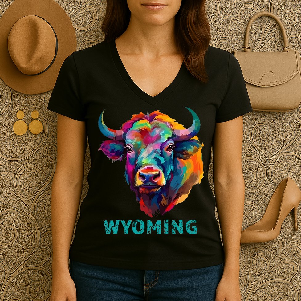 Wyoming American Bison Lover Buffalo For Men Women Souvenir Women's V-Neck T-Shirt