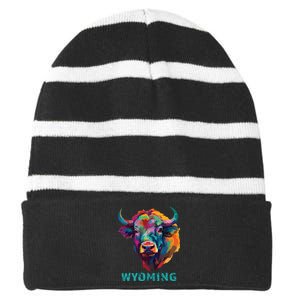 Wyoming American Bison Lover Buffalo For Souvenir Striped Beanie with Solid Band