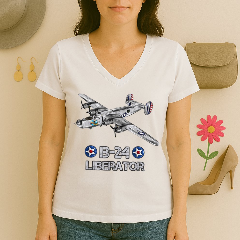 WW2 Aviation B24 Liberator American Heavy Bomber Gift Women's V-Neck T-Shirt