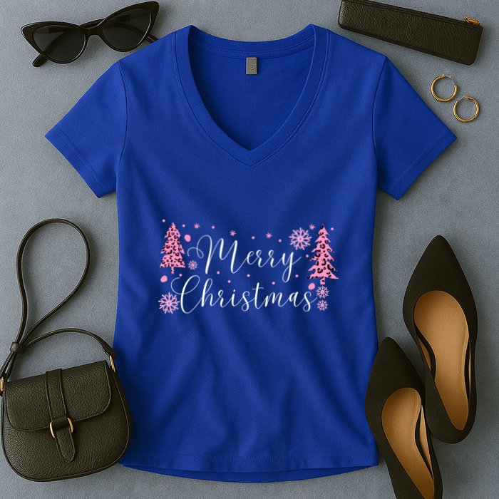 Wild About Christmas: Leopard Print Trees And Snowflake Magic Gift Women's V-Neck T-Shirt