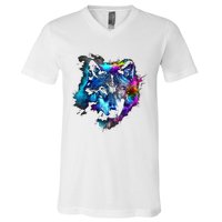 Wolf Art Colourful Animal Motif Artwork Wolf V-Neck T-Shirt